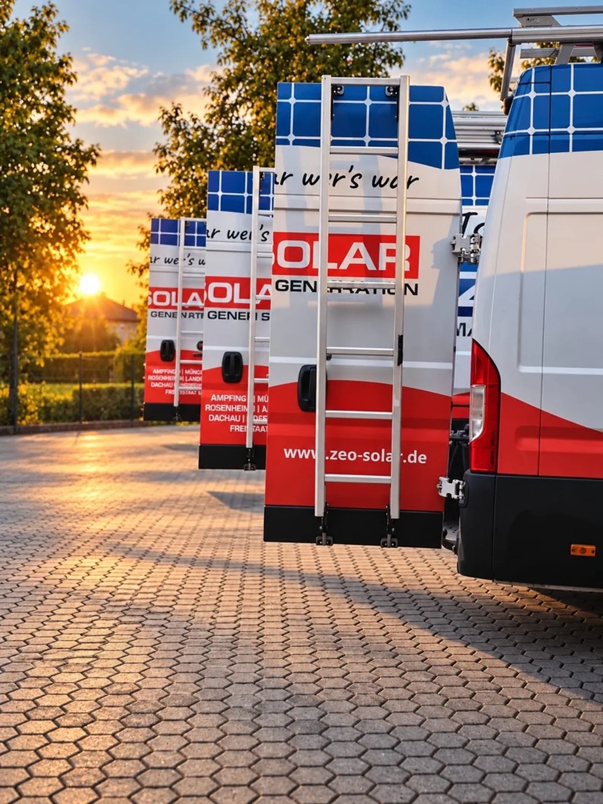 ZEO-SOLAR-Fuhrpark in der Abendsonne auf dem Firmengelände in Ampfing